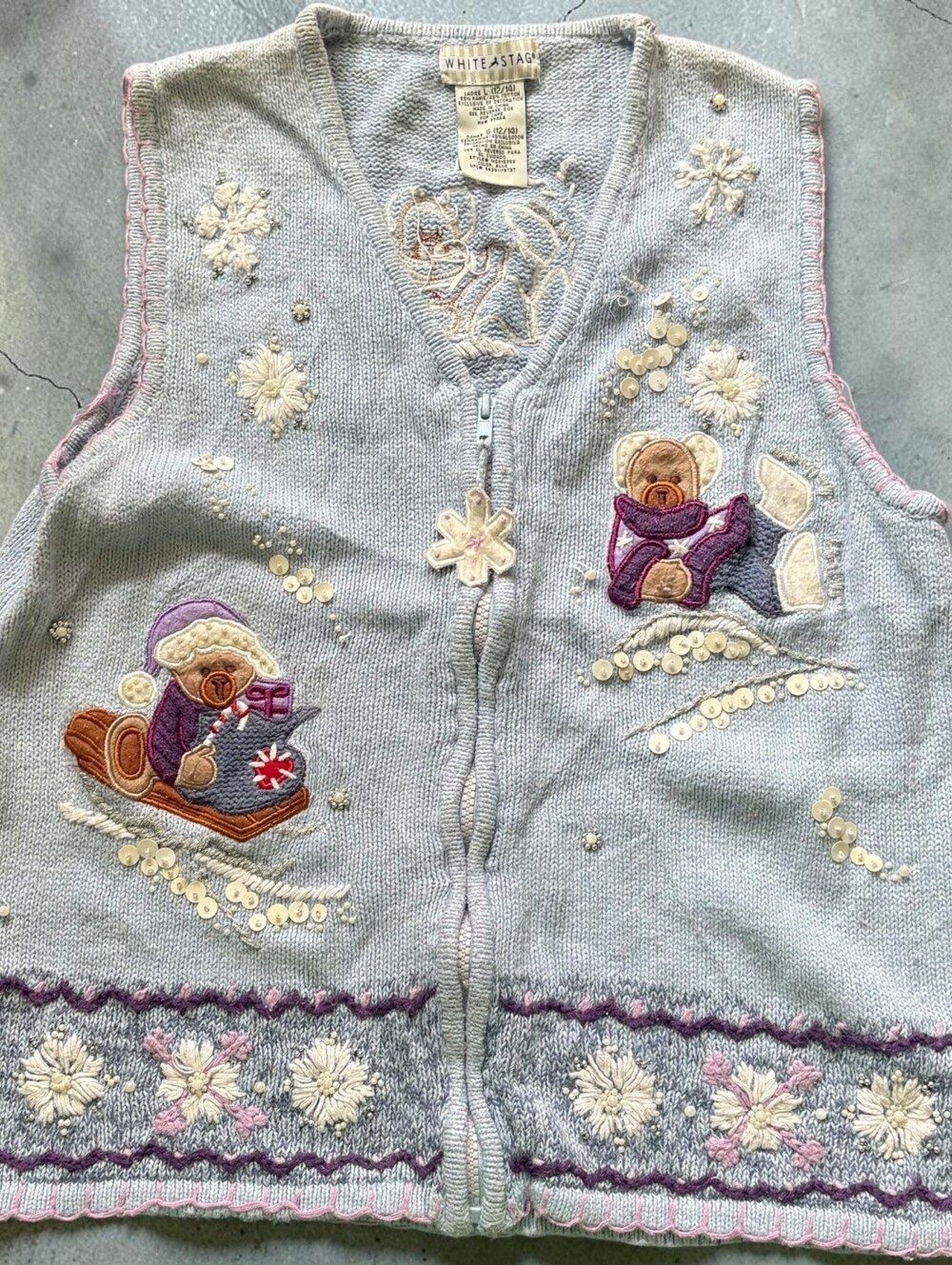Vintage 90s Novelty Knit Sweater Vest Winter Bear Graphic Art Womens Large Blue